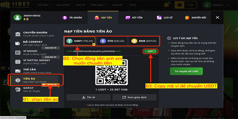 3 bước nạp tiền 11bet dễ hiểu nhất cho hội viên